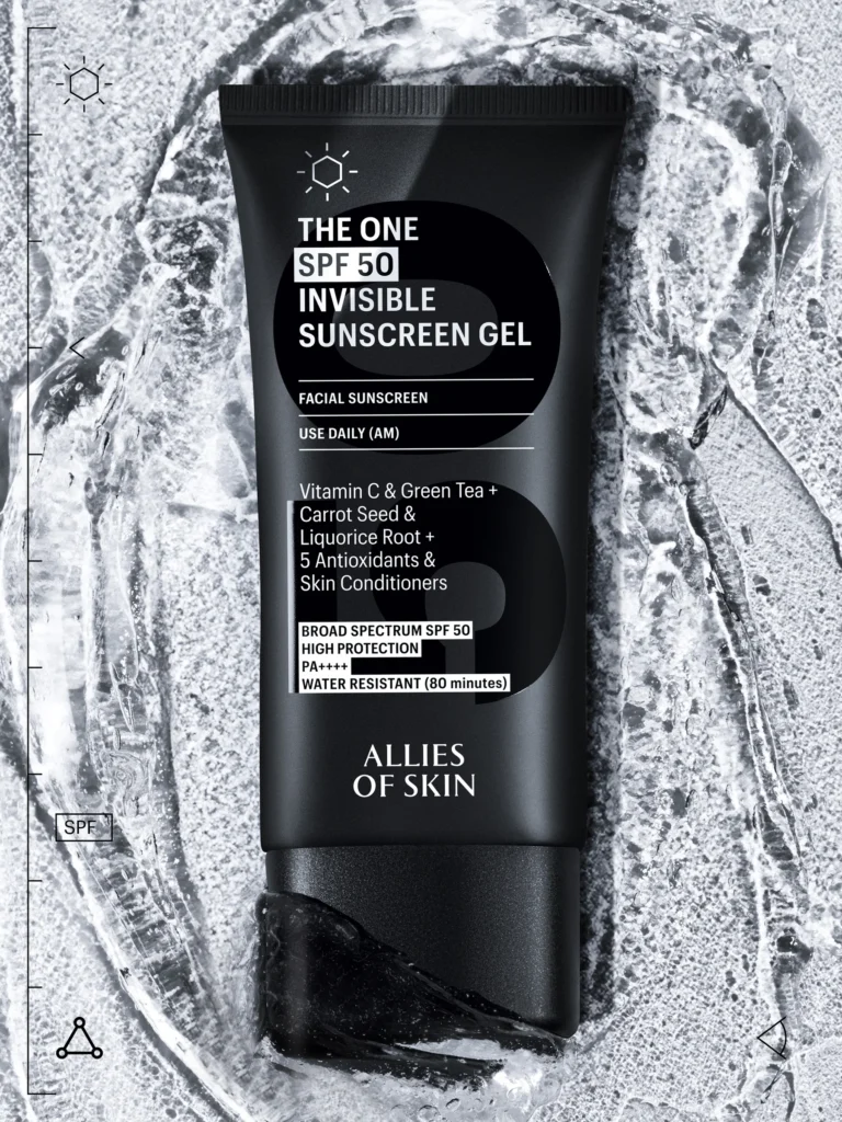 THE ONE SPF 50 INVISIBLE SUNSCREEN GEL-An image of THE ONE SPF 50 Invisible Sunscreen Gel bottle, highlighting its benefits of unseen protection and visible results. Ideal for daily use to protect against UVA and UVB rays without leaving a chalky residue.