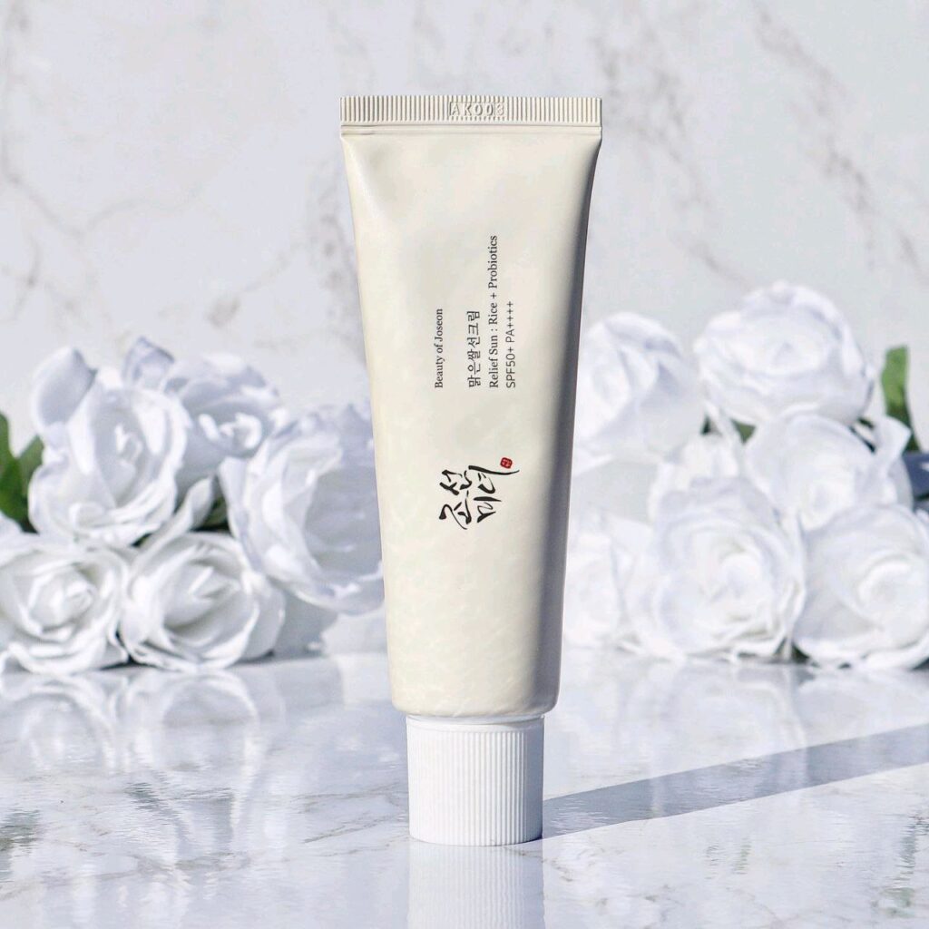 Beauty of Joseon Relief Sun Rice + Probiotics SPF 50+ PA++++ Sunscreen Tube on Marble Surface