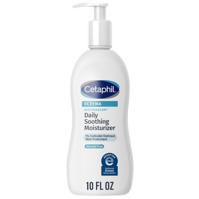 ull product shot of Cetaphil Eczema Restoraderm Daily Soothing Moisturizer in white bottle with pump dispenser, displaying key product information.