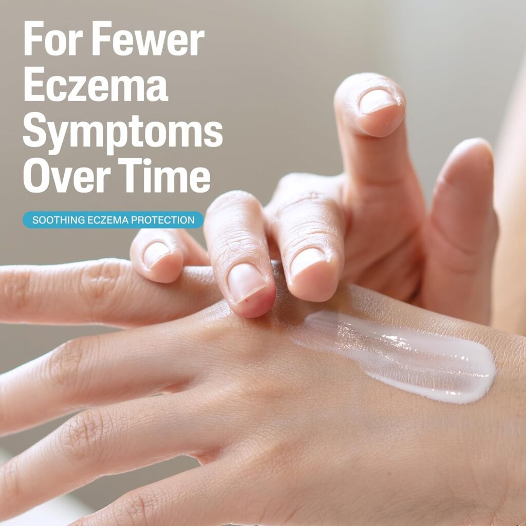Close-up of hands applying Cetaphil Eczema lotion with text 'For Fewer Eczema Symptoms Over Time' and subtitle 'Soothing Eczema Protection' highlighting the product's long-term benefits