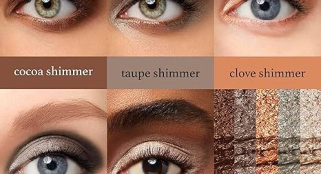 Julep eyeshadow shimmer shades demonstrated on different eye colors with cocoa, taupe, and clove swatches
