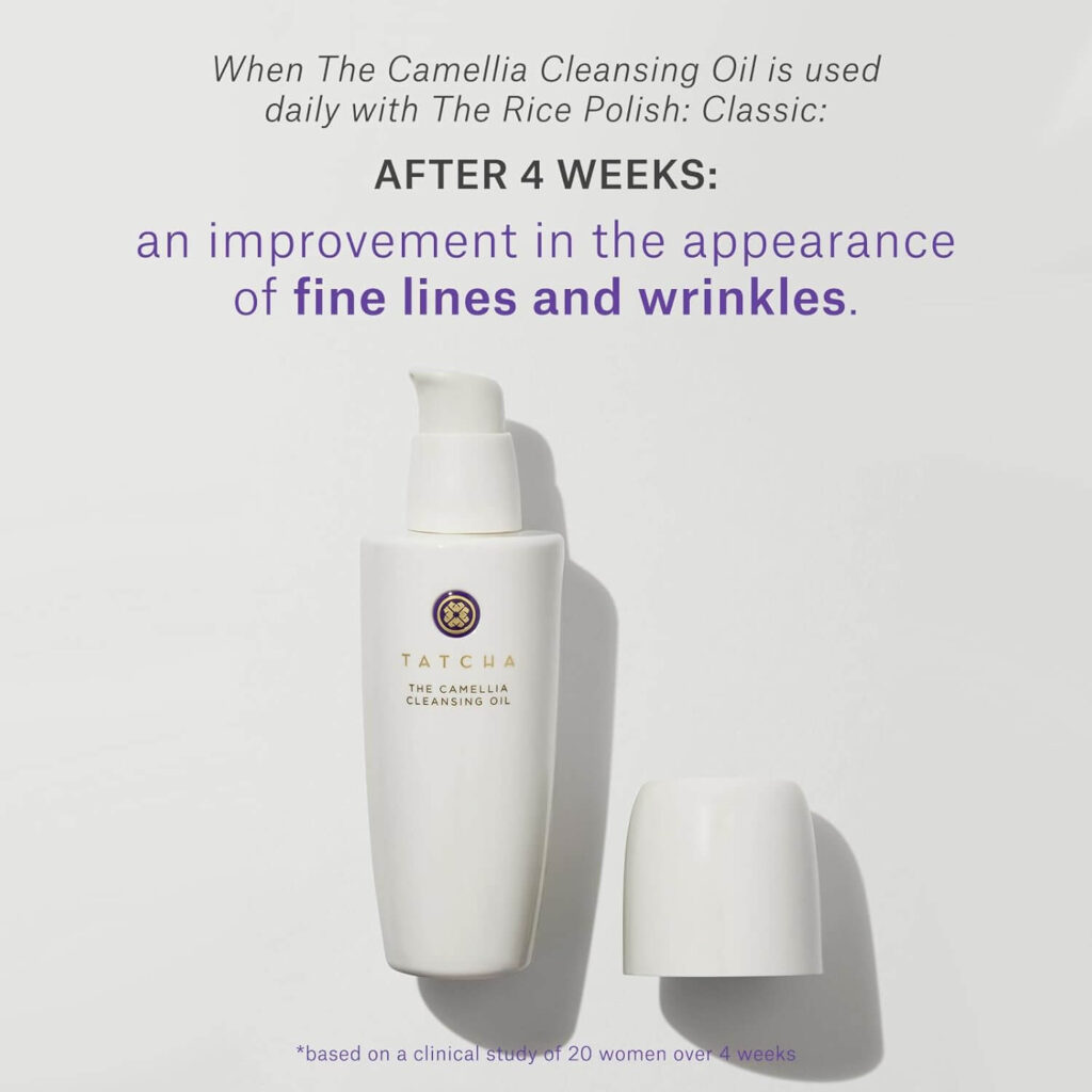 Clinical results of Tatcha Camellia Cleansing Oil Face Wash showing improvement in fine lines and wrinkles after 4 weeks when used with The Rice Polish Classic.